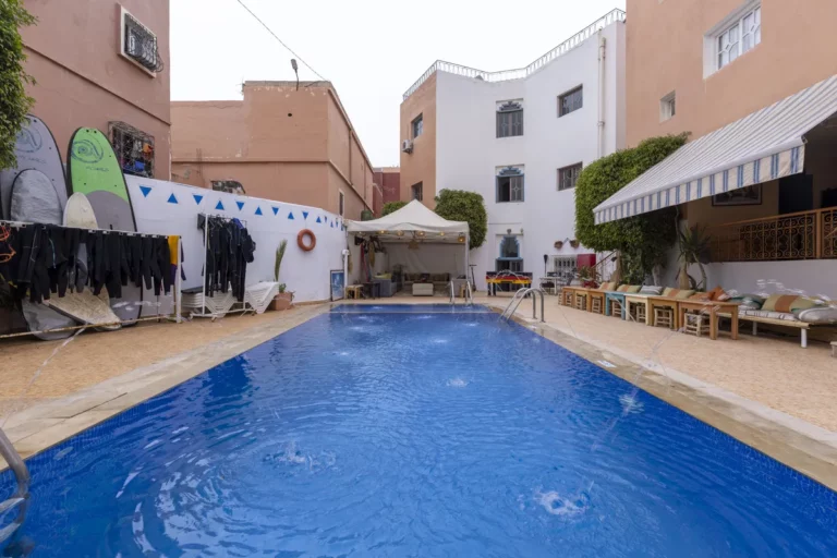Swimming pool at the Twist Surf house in Taghazout Bay, Morocco